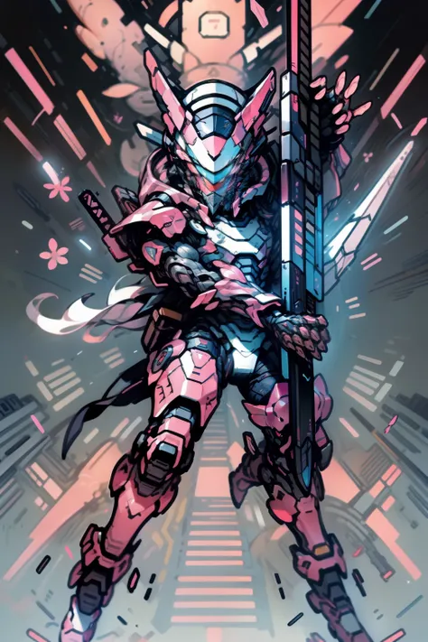 1 mecha, humanoid, inspired by a Mexican axolotl, armor, blue and pink colors, spear weapon, white lights, helmet with large eyes, axolotl crests, full body, dynamic poses,