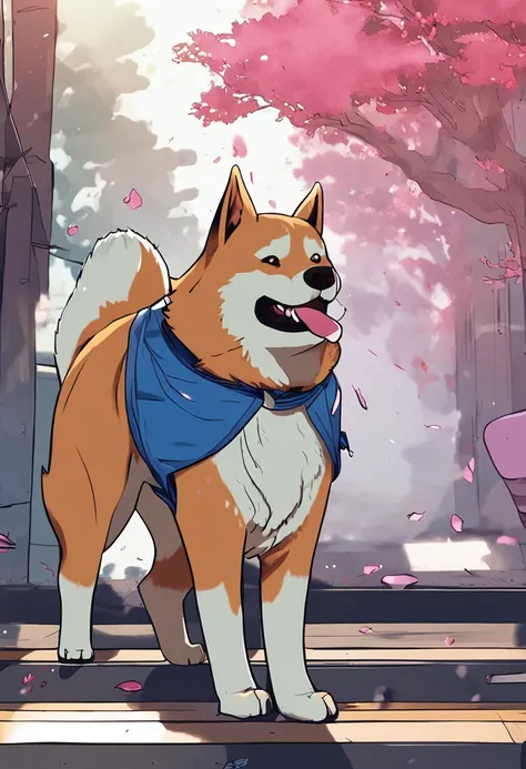 Obra maestra, La mejor calidad, (CG 8k fondo de pantalla muy detallado), (La mejor calidad), (best  illustration), (Las mejores sombras), Sprite brillante, Image from Japanese anime, un perro macho Akita inu reemplaza el pelaje por color azul, con la boca ...