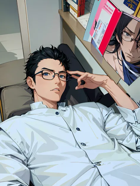 Anime people sit in chairs and wear glasses，The background is the bookshelf, kentaro miura art, kentaro miura art style, kentaro miura manga art style, Anime portrait of a handsome man, kentaro miura manga style, Anime handsome man, miura kentaro style, Ha...