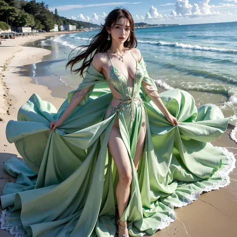 Ala Fed woman in thin light green dress standing on the beach, Flowing gown, fantasy long intricate gown, A flowing dress, ethereal beauty, sexy gown, dressed beautiful gown, jaw-dropping beauty, Flowing light green dress, full pose, Beautiful Gowns, jen z...