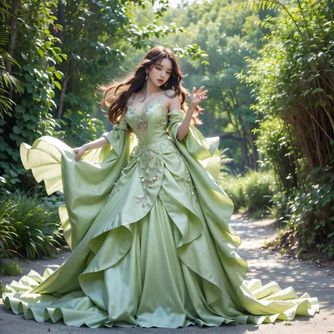 Ala Fed woman in thin light green dress standing on the beach, Flowing gown, fantasy long intricate gown, A flowing dress, ethereal beauty, sexy gown, dressed beautiful gown, jaw-dropping beauty, Flowing light green dress, full pose, Beautiful Gowns, jen z...