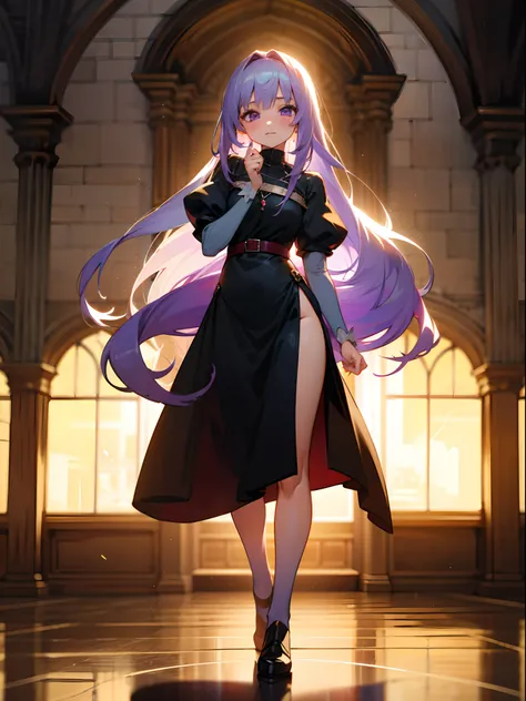 Anime girl with white long hairs, purple eyes, medieval morning, castle hall, black dress, blush, 4k, high quality, supersharp, masterpiece, beautiful woman, perfect body, perfect face, cute face, full body view