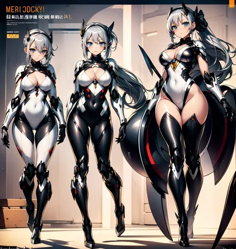 Long silver hair，Tied ponytail，Loli figure，mecha-girl，A beautiful full body girl，with fair skin，14岁，busty figure，Tall figure，Combat attire，Super sexy scene，facial closeups