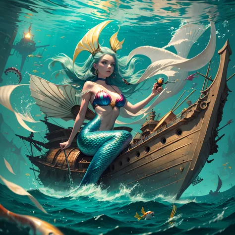 mermaid riding a squid, sunken ship --auto --s2