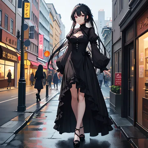 A woman in a dress stands in the street, Guviz-style artwork, Anime girl wearing black dress, Guviz, gothic maiden anime girl, Guweiz on ArtStation Pixiv, Guweiz in Pixiv ArtStation, cute anime waifu in a nice dress, guweiz masterpiece，Lace design