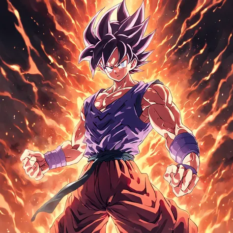 Image of a(Dragon Ball)(dragonball z）（son goku, Kakarot)，Supergod，boxing gloves, Full fire, Flash attack, Meticulous expressions，Combat action，The dragon appears，Magnificent background, Powerful energy，Gorgeous special effects，shockwave，intense battles, Fu...