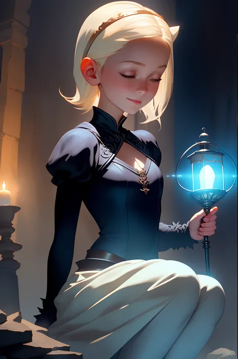 Top image quality、​masterpiece、Leyendeckers style、Fantasy 3D、The underground maze of the old castle、Nordic beautiful girl、Eyes closed、Smirking expression、Pretty small face、Light makeup、Two cat ears on the head、Platinum blonde short hair、tiny chest、short wa...