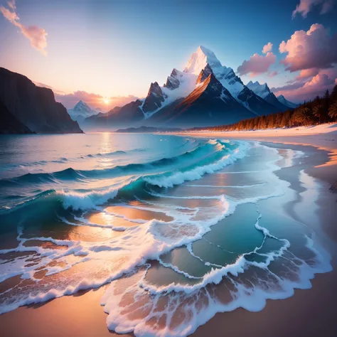 A white sand beach with mermaid swimming in the waves of blue sea, sunset, mountain, wallpaper, 8k, fantasy, miracles