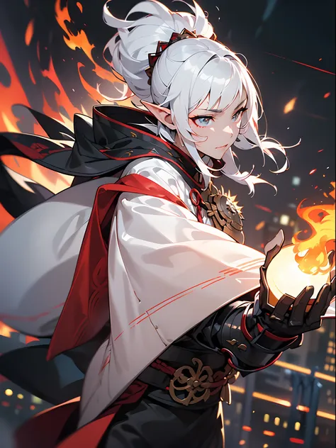 ((jpn)),((Best Quality)),((Beautifully painted)),((hight resolution)),1girl in,Luminescent beautiful elven daughter,(((onmyouji))),(((suikan))),((White cloak with red decoration)),Luminescent bushy silver-haired ponytail,(((black gauntlet and glove))),nice...