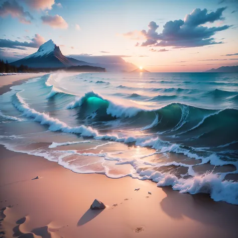 A white sand beach with mermaid swimming in the waves of blue sea, sunset, mountain, wallpaper, 8k, fantasy, miracles