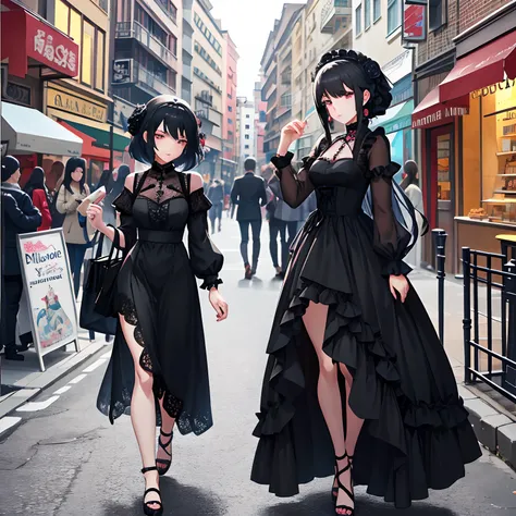 A woman in a dress stands in the street, Guviz-style artwork, Anime girl wearing black dress, Guviz, gothic maiden anime girl, Guweiz on ArtStation Pixiv, Guweiz in Pixiv ArtStation, cute anime waifu in a nice dress, guweiz masterpiece，Lace design