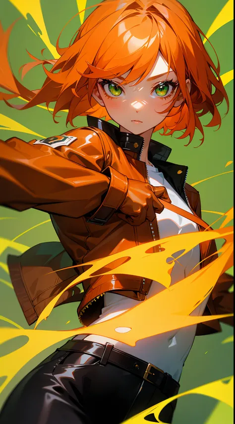 1girl in、独奏、Competing Art、Orange hair、Green eyes、Leather jacket