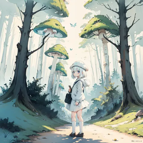 An exploration of the kingdom of psychedelic and dreamlike mushroom forests，Watercolor illustration, Perfect anatomy, Masterpiece, Best quality, 1girll, Loli,elementary student， Solo, (with short white hair:1.2),，Nature, landscape