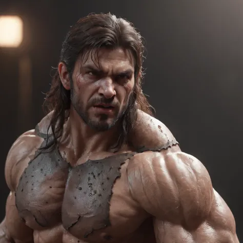 (professional 3d render:1.3) af (Realistic:1.3) most beautiful artwork photo in the world，Features soft and shiny male heroes, ((Epic hero fantasy muscle man rough wet hero angry looking long hair short beard and ferocious expression in dynamic pose, Fanta...