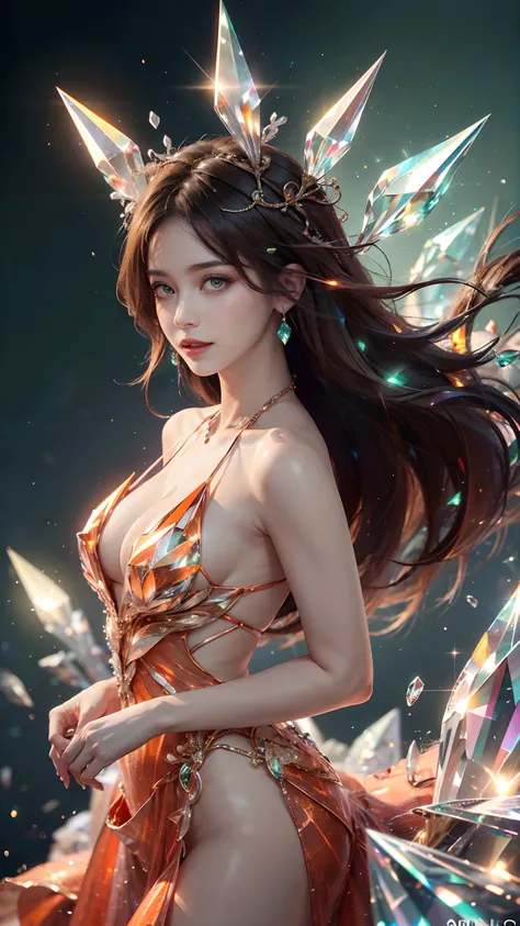 ultra hd, 8k quality, a girl, happy, very long hair, setailed eyes, glossy lips, green Crystalline dress, orange dress, orange crystals, reflecting lights on crystals, spreading orange lights, attractive pose, whole body capture,