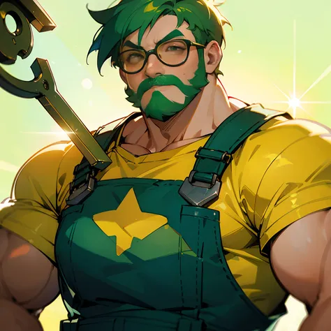 Fat green hair man with muscles、short-hair、Yellow mesh、wears glasses、Wearing overalls、Holding a spanner in your hand、softfocus、Colorful light gradient、watercolor paiting、lensflare、kirakira、Glow、Dreamy