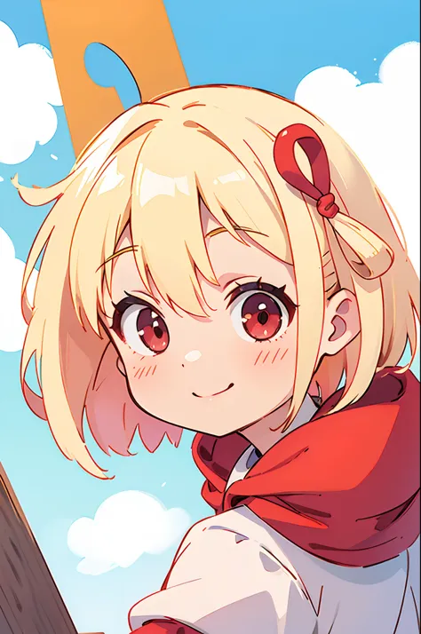 masutepiece, Best Quality, Cute, kawaii, 1girl in, Solo, blondehair, Red eyes, Smile, Sunny, Cloudy sky