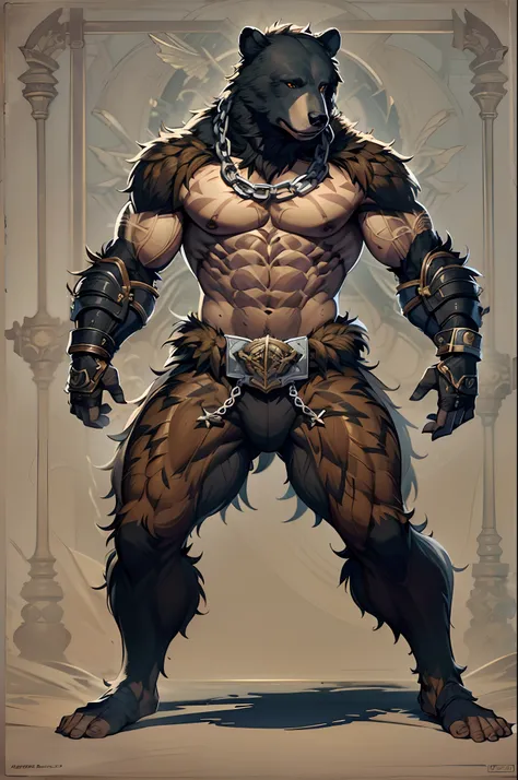 game character standing drawing design，black bear warriors，fur shoulders，stout limbs，muscle explosions，equipped with a huge chai...