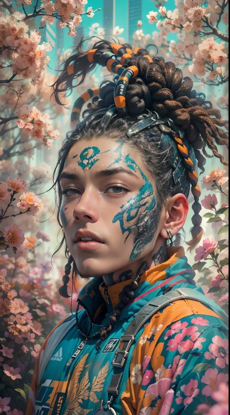 "1 cyborg with tattoos, dread hair in spring, puffer suit, vibrant and luminous colors, sharp and cinematic style, depth of fiel...