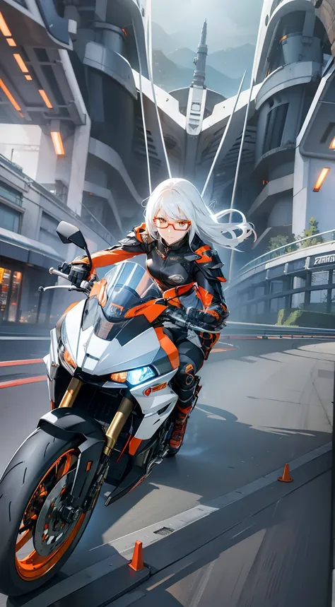 anime girl, motorcycle, futuristic, metal armor, white hair, orange eyes, glasses, red thunders, night, epic lighting, riding, d...