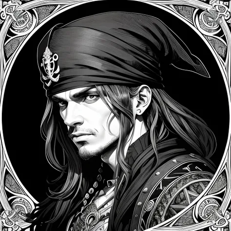 Centred potrait of a male Pirate, black and white, zentangle (best quality) ultra-detailed, fine line drawing, fine line art, coloring book illustration style, intricate linework, highly detailed illustration, perfect composition, beautiful and stunning, d...