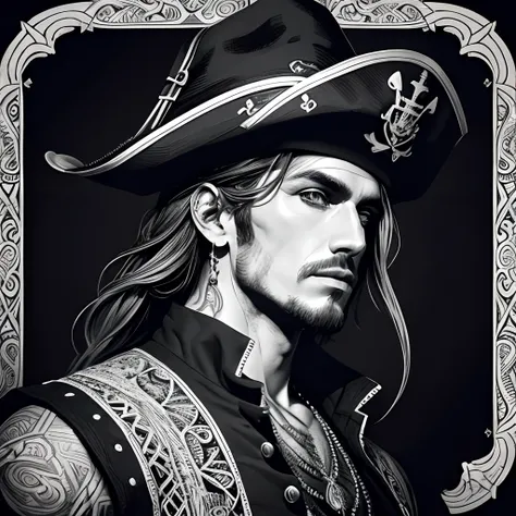 Centred potrait of a male Pirate, black and white, zentangle (best quality) ultra-detailed, fine line drawing, fine line art, coloring book illustration style, intricate linework, highly detailed illustration, perfect composition, beautiful and stunning, d...