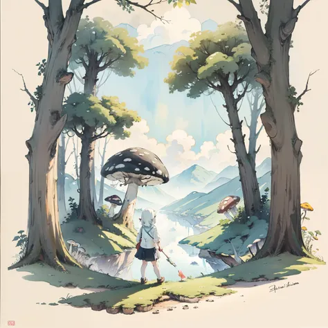 Explore the kingdom of psychedelic and fantasy mushrooms，Huge mushroom tree，Watercolor illustration, Perfect anatomy, Masterpiece, Best quality, 1girll, Loli,elementary student， Solo, (with short white hair:1.2),，Nature, landscape