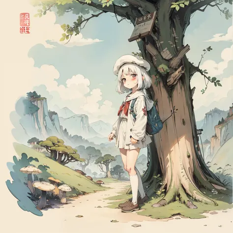 Explore the kingdom of psychedelic and fantasy mushrooms，Huge mushroom tree，Watercolor illustration, Perfect anatomy, Masterpiece, Best quality, 1girll, Loli,elementary student， Solo, (with short white hair:1.2),，Nature, landscape