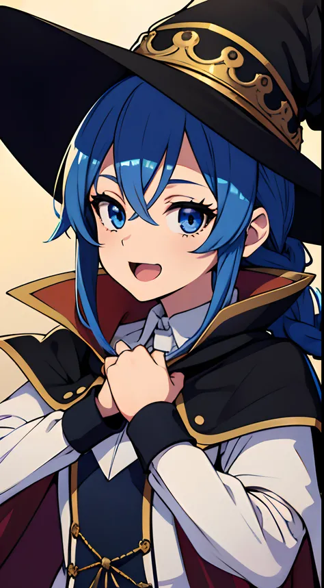 Roxy Migurdia, masutepiece, Best Quality, Very detailed background, cafes, hands on own cheeks, Open mouth, Smile, Put your arms back, Bangs, Black tiara, Blue eyes, Blue hair, braid, brown cape, Cape, hair between eye, hat, Long hair, Witch Hat