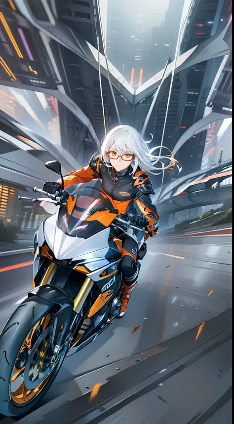 anime girl, motorcycle, futuristic, armor, white hair, orange eyes, glasses, red thunders, night, epic lighting, riding, dynamic...