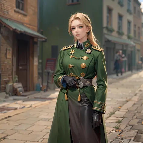 One lonely young adult girl, Tall stature, little chest, closed mouth, Slavic appearance: Green eyes; blond hair; sharp facial features; dimple on the chin; Straight nose; high nose; pronounced high cheekbones; high forehead, stands upright, wears a milita...