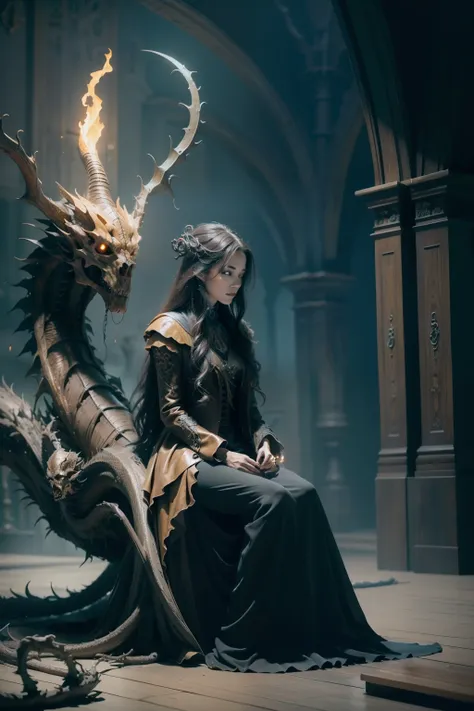 （a beautiful witch sits in front of a soniste fire dragon skeleton:1.4) ，gloomy castle，spooky and terrifying，the skull is on the...