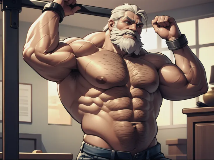 bearded shirtless topless old muscular man with his both hands holding chains, strong chest, strong arms, large muscles, muscular, thick abs, pectorals, thick stomach, navel, large pectorals, thick wrists, big body, heavy muscular, tall body, arms up, armp...