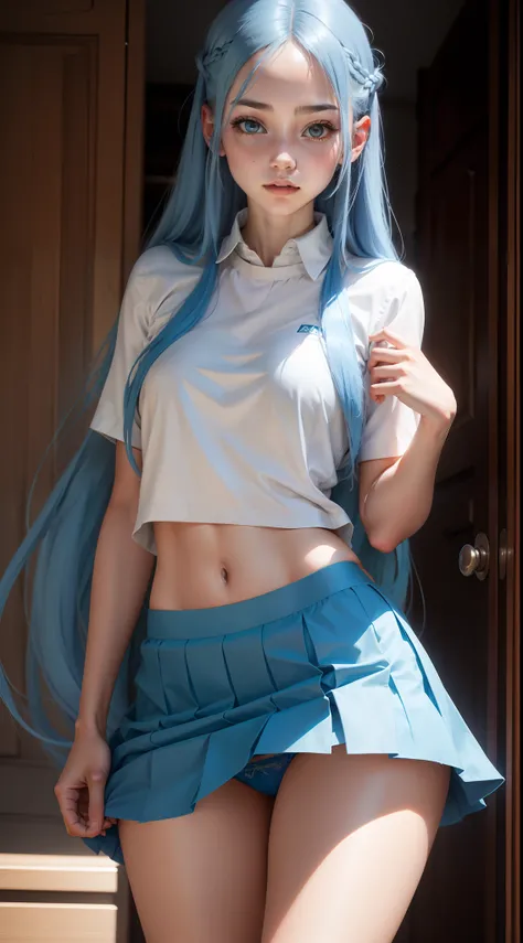 Girl with long blue hair, shows blue panties under skirt