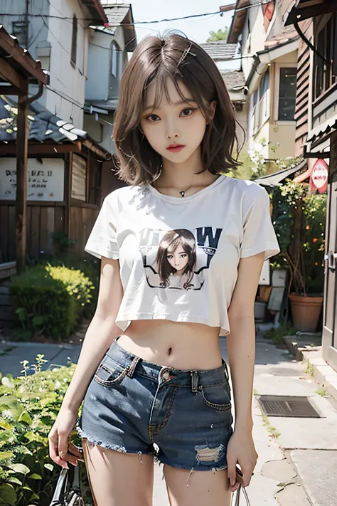 Top image quality、RAW photography、超A high resolution、Cute girl at 18 years old、For one person only、Round chest、T-shirt、Black  shorts、Beautiful Eyes of Details、Very slender eyes、Beautiful eyelashes、beautiful double eyelid、White walls、Beautiful waist、Very sl...