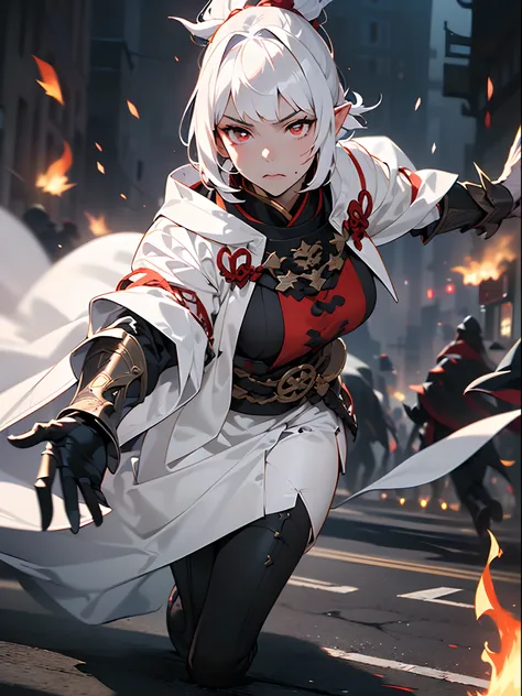 ((jpn)),((Best Quality)),((Beautifully painted)),((hight resolution)),1girl in,Luminescent beautiful elven daughter,(((onmyouji))),(((suikan))),((White cloak with red decoration)),Luminescent bushy silver-haired ponytail,(((black gauntlet and glove))),nice...