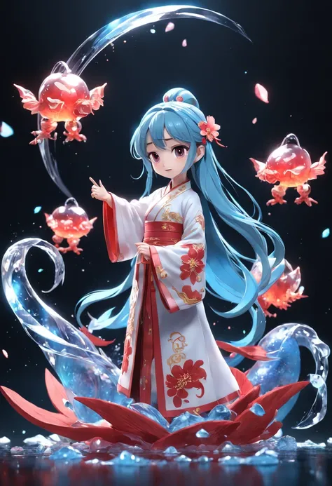 Chinese style, 3d Pixar character style, 3d, toys, tide play, ip, blind box, magic, whole body, cute girl, Hanfu, good smile, long hair, super clear, transparent material of one Chinese dragons, ice cube, drop reflected light, style prism + hibiscus, pure ...