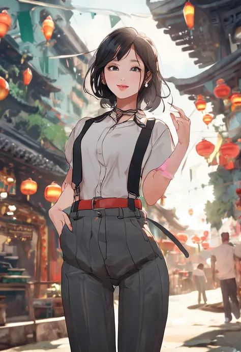 Chinese girl in suspender suit pants, light smile, Verism, masterpiece, HD