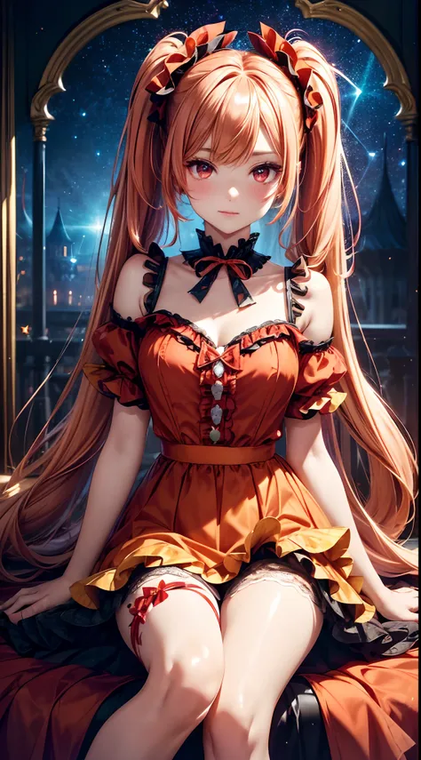 (fullbody, legs and shoes visible: 1.2)) expressive eyes, woman, pale skin, long hair, windblown hair, ((long hair)), long sidelocks, hime bangs, hair fringe, hair bun, ((long twintails)), flaming hair, red hair, blushing, full face blushing, big sparkling...