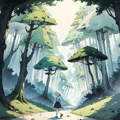 An exploration of the kingdom of psychedelic and dreamlike mushroom forests，Watercolor illustration, Perfect anatomy, Masterpiece, Best quality, 1girll, Loli,elementary student， Solo, (with short white hair:1.2),，Nature, landscape