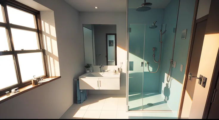 bathroom, modern style, natural style, window side, wide angle, no one