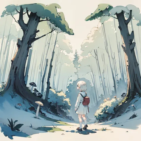 An exploration of the kingdom of psychedelic and dreamlike mushroom forests，Watercolor illustration, Perfect anatomy, Masterpiece, Best quality, 1girll, Loli,elementary student， Solo, (with short white hair:1.2),，Nature, landscape