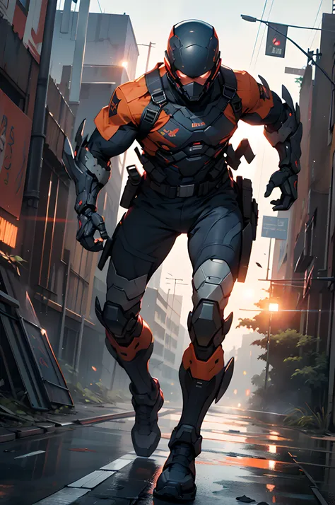 1man, solo,  ((color:dark blue)), a futuristic mature male soldier with iron black mechanical legs, wearing eptactical, running ...