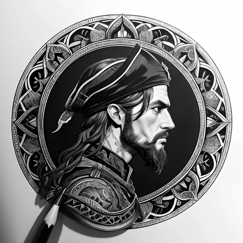 Centred potrait of a male Pirate, black and white, zentangle (best quality) ultra-detailed, fine line drawing, fine line art, coloring book illustration style, intricate linework, highly detailed illustration, perfect composition, beautiful and stunning, d...