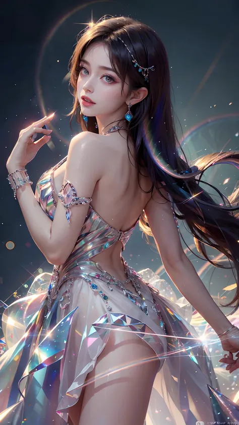 ultra hd, 8k quality, a girl, happy, very long hair, setailed eyes, glossy lips, rainbow Crystal dress, rainbow dress, colorful crystals, reflecting lights on crystals, spreading lights, attractive pose, whole body capture,