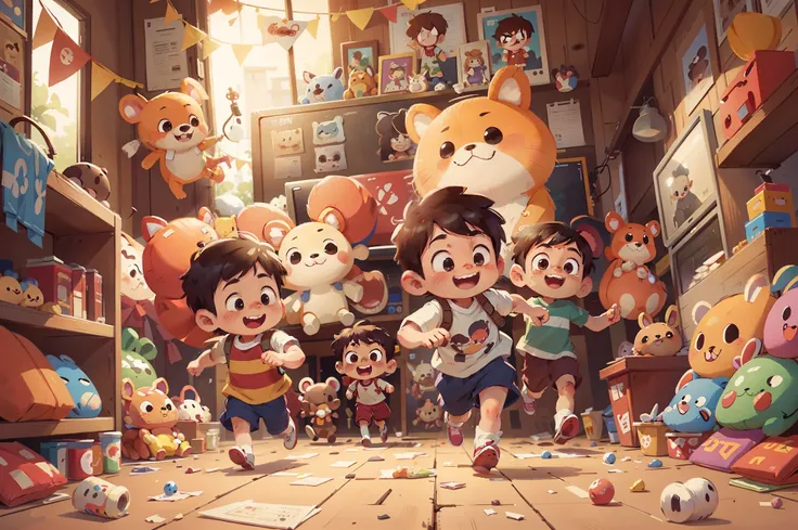 Cartoon illustration for kids in game arcade with stuffed animals，The boy ran forward with a lot of stuffed animals。，A happy expression，having fun，Lots of stuffed animals，Excellent picture quality，Excellent details，Cute stuffed animals，Plush toys for carto...