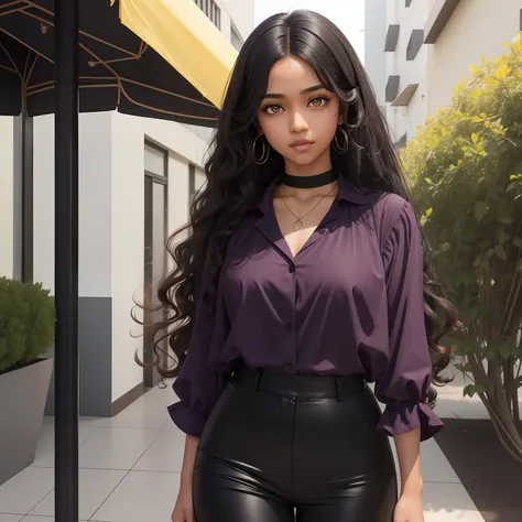 A girl with long, curly black hair, yellow eyes, brown skin color, wearing a purple blouse with black pants