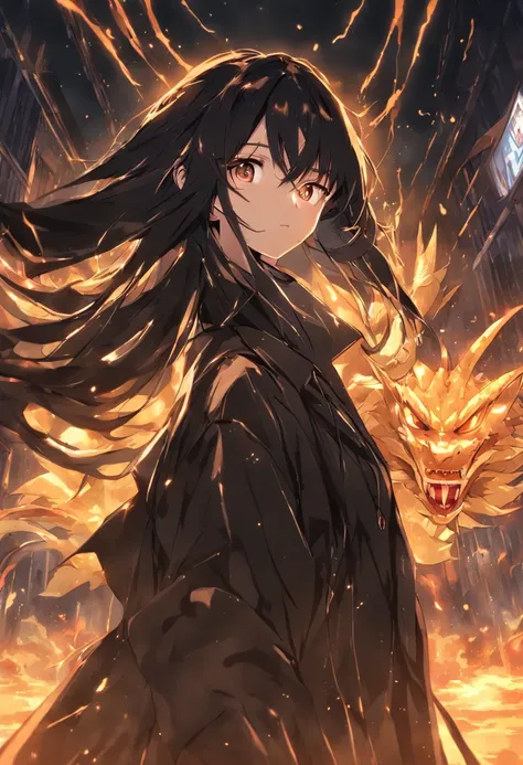 A long black hair，Golden eyes，Girl in a black trench coat，Behind it is a golden dragon