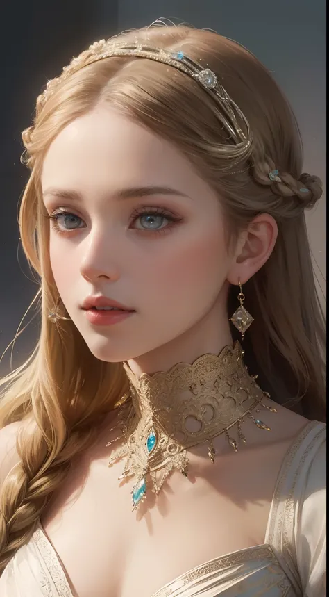 (Ultra-high quality masterpiece，Beautiful bust of an 18-year-old noble girl，Classical braids，The eyes are shiny and clear，Floral craftsmanship，Crystal jewelry，Ultra-fine details，Soft lighting)