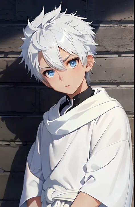 (absurderes, hight resolution, ultra-detailliert, nffsw), masutepiece, Best Quality, male child, 10 yo, Solo, Handsome, Short hair,spiky hair, White hair, Blue Eye, finely eye and detailed face, real shadow, toppless, Full body, White towel wrapped around ...